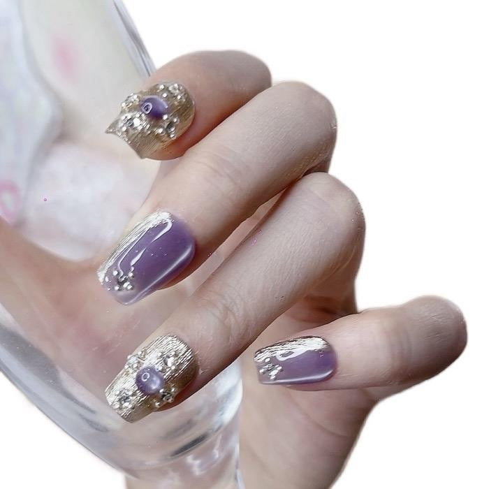 Reusable Short Square Gel Nails Purple Color with Cat-Eye Design Tipora 109