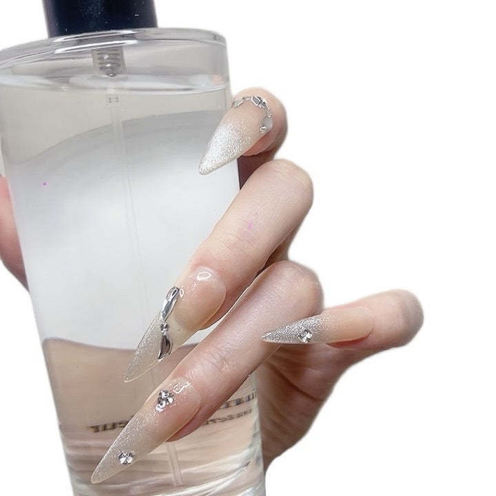 Beige Long Stiletto Press-On Nails with Rhinestones – Tipora 090