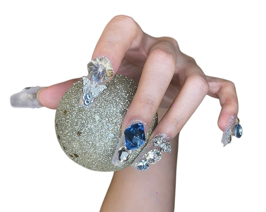 Blue & Silver Long Coffin Press-On Nails with Rhinestone Design | Tipora 028