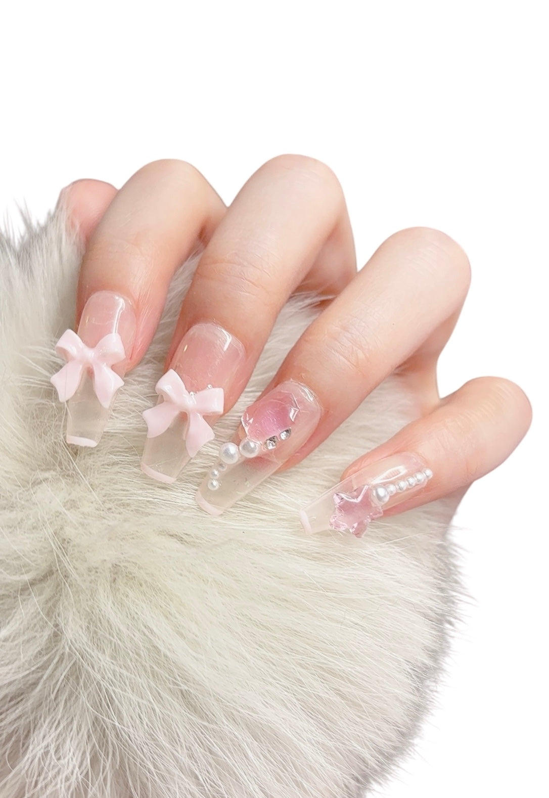 Pink Long Coffin Press-On Nails with 3D Bowknot, Heart, Pearl & Star – Limited Edition | Tipora 076