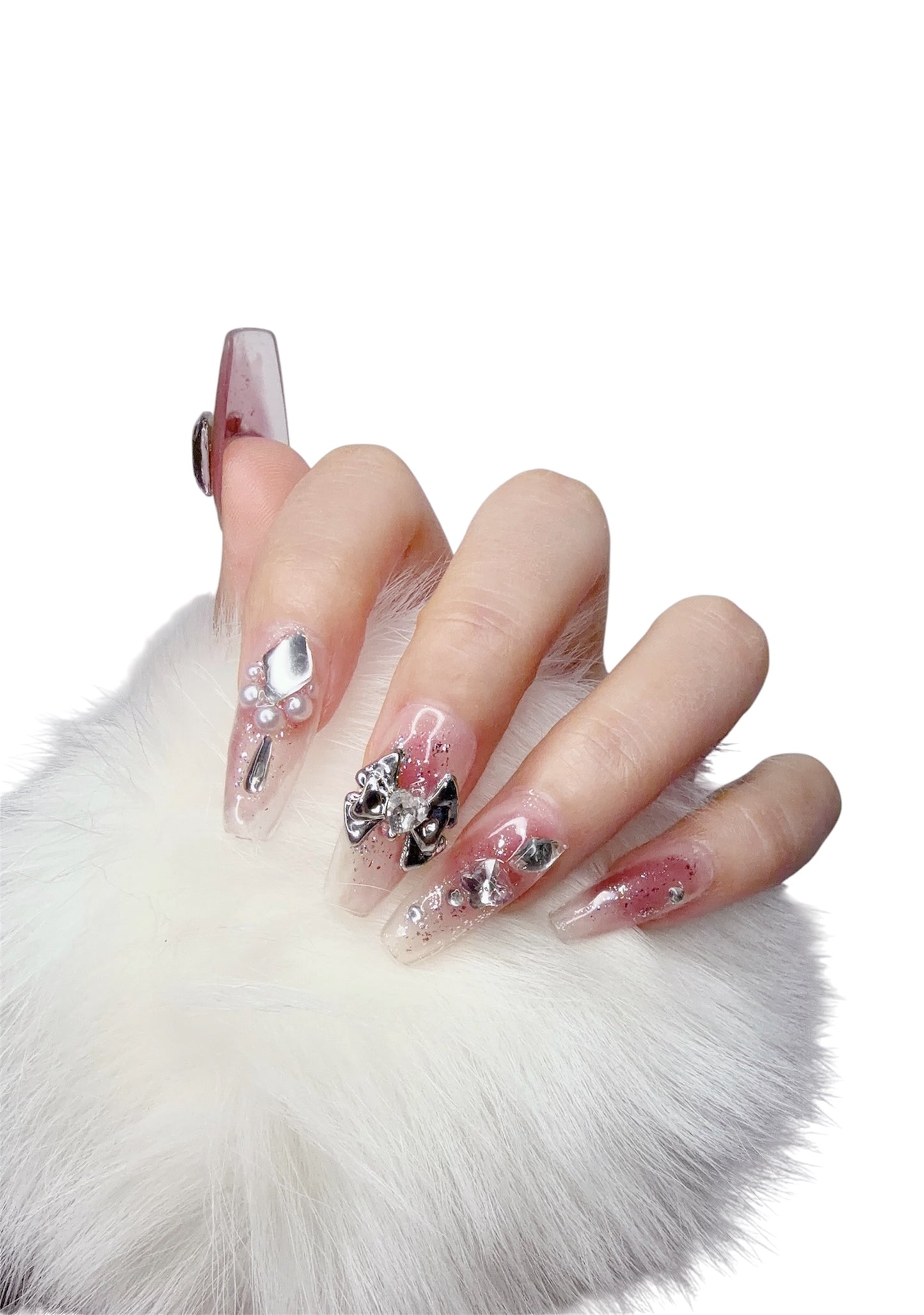 Pink Medium Coffin Press-On Nails with 3D Metallic Bowknot Design | Tipora 086