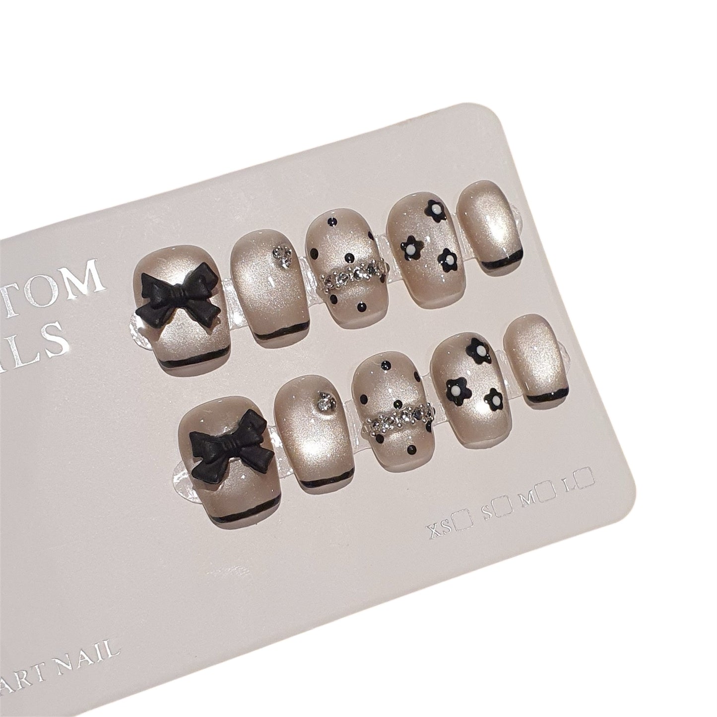 French Tip Short Square Press-On Nails with 3D Bowknot & Flower Design | Tipora 060