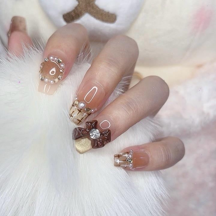Press on Nails Medium Length Coffin Shape with Brown Bowknot and Mini Pearl Design 120