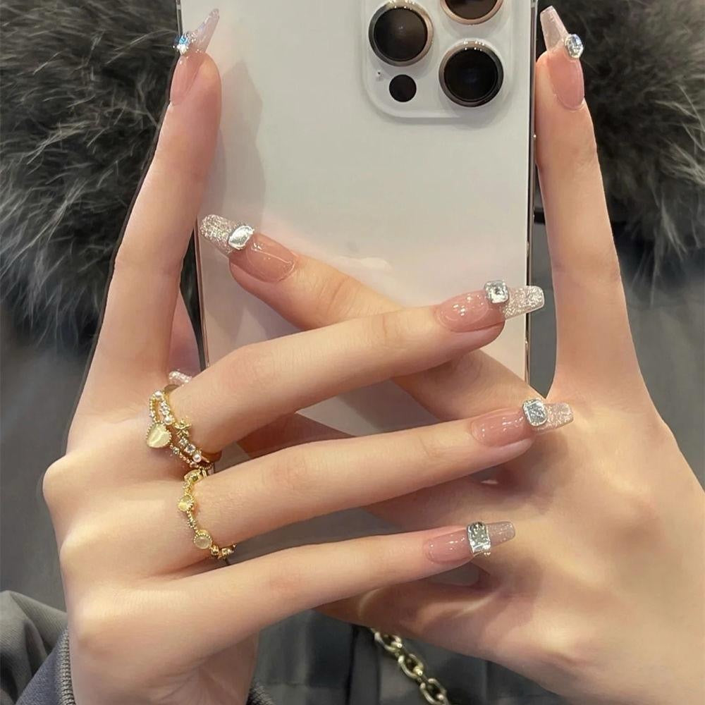 Pink Long Coffin Press-On Nails with Square Rhinestone Design | Tipora 050