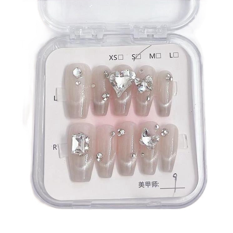 Pink Long Coffin Press-On Nails with Heart Rhinestone Design | Tipora 043