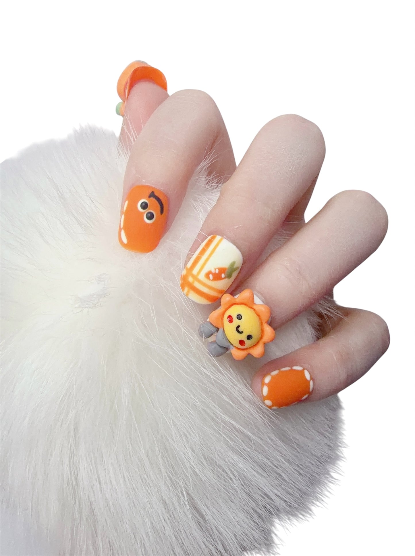 Orange Short Round Press-On Nails with 3D Sun and Carrot Design | Tipora 020