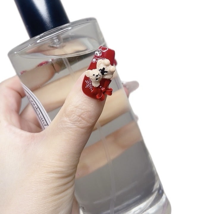 Red & Green Long Coffin Press-On Nails with 3D Christmas Design | Tipora 087