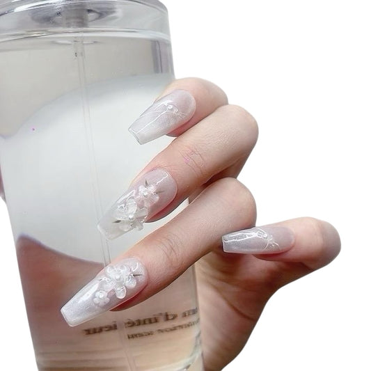 White Long Coffin Press-On Nails with 3D Flower Design | Tipora 047