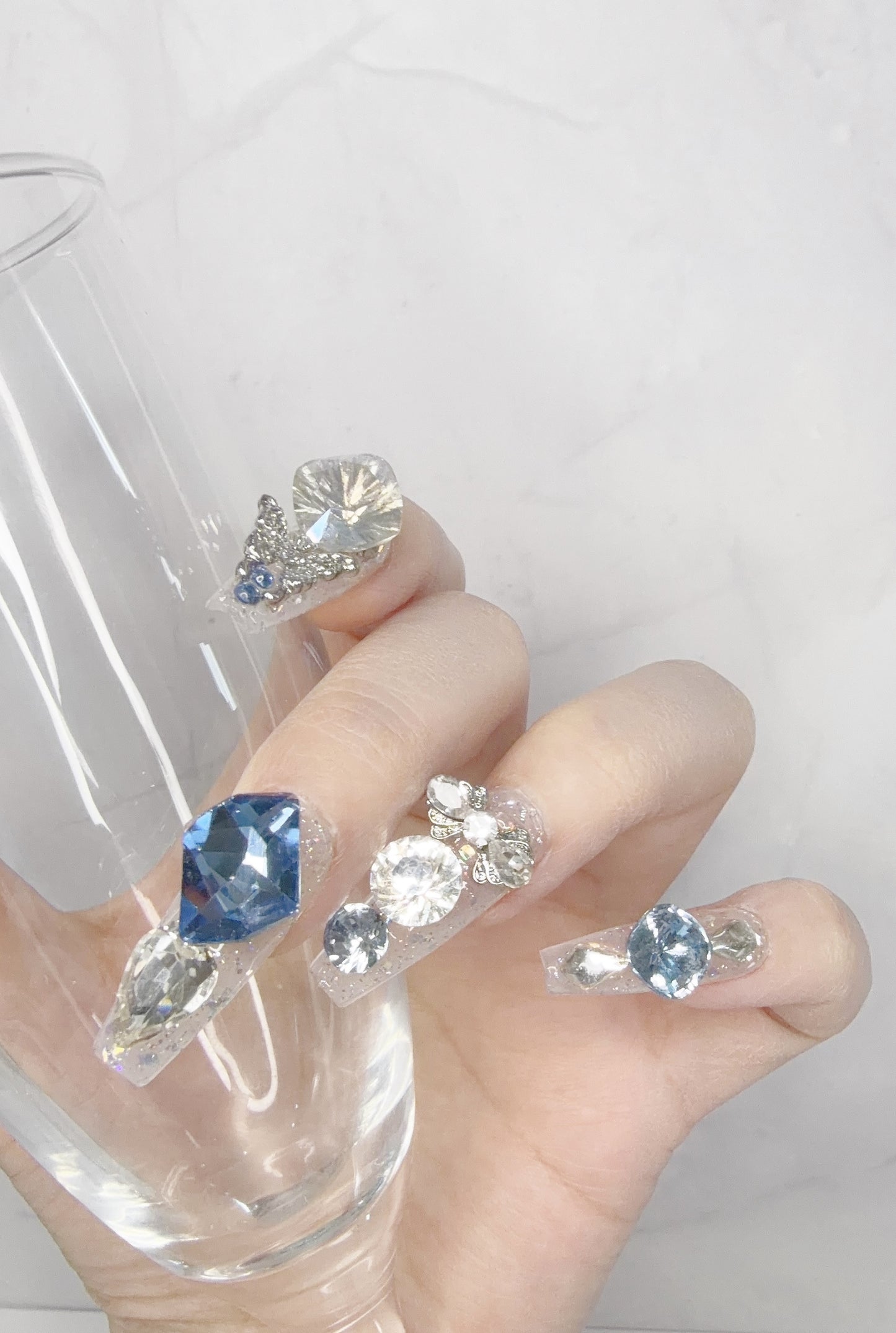 Blue & Silver Long Coffin Press-On Nails with Rhinestone Design | Tipora 028