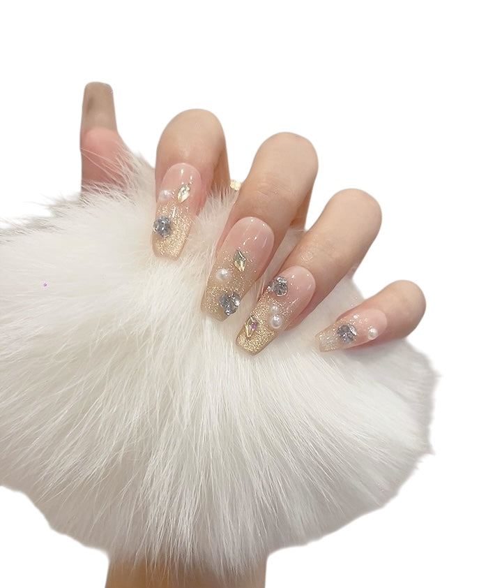 Long Coffin Yellow Press-On Nails with Sparkle Design | Tipora 103