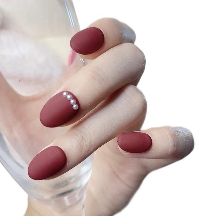 Press on Nails Short Round Matte Red with Mini Pearl Design 108