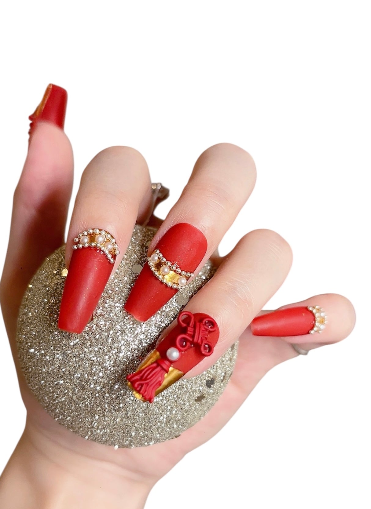 Red Long Coffin Press-On Nails with 3D Wedding Design | Tipora 070