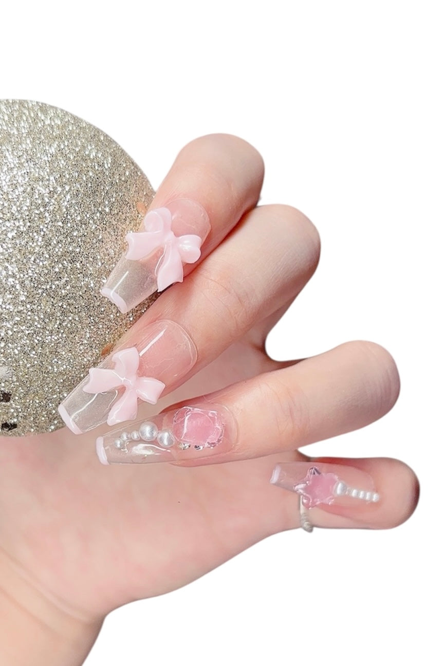 Pink Long Coffin Press-On Nails with 3D Bowknot, Heart, Pearl & Star – Limited Edition | Tipora 076