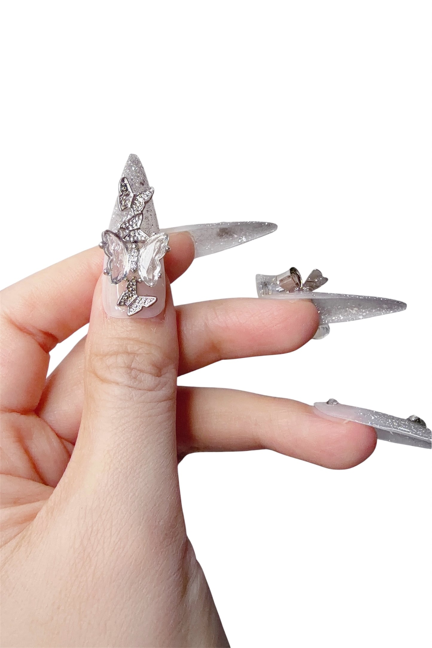 Silver Long Stiletto Press-On Nails with Bell Design | Tipora 022