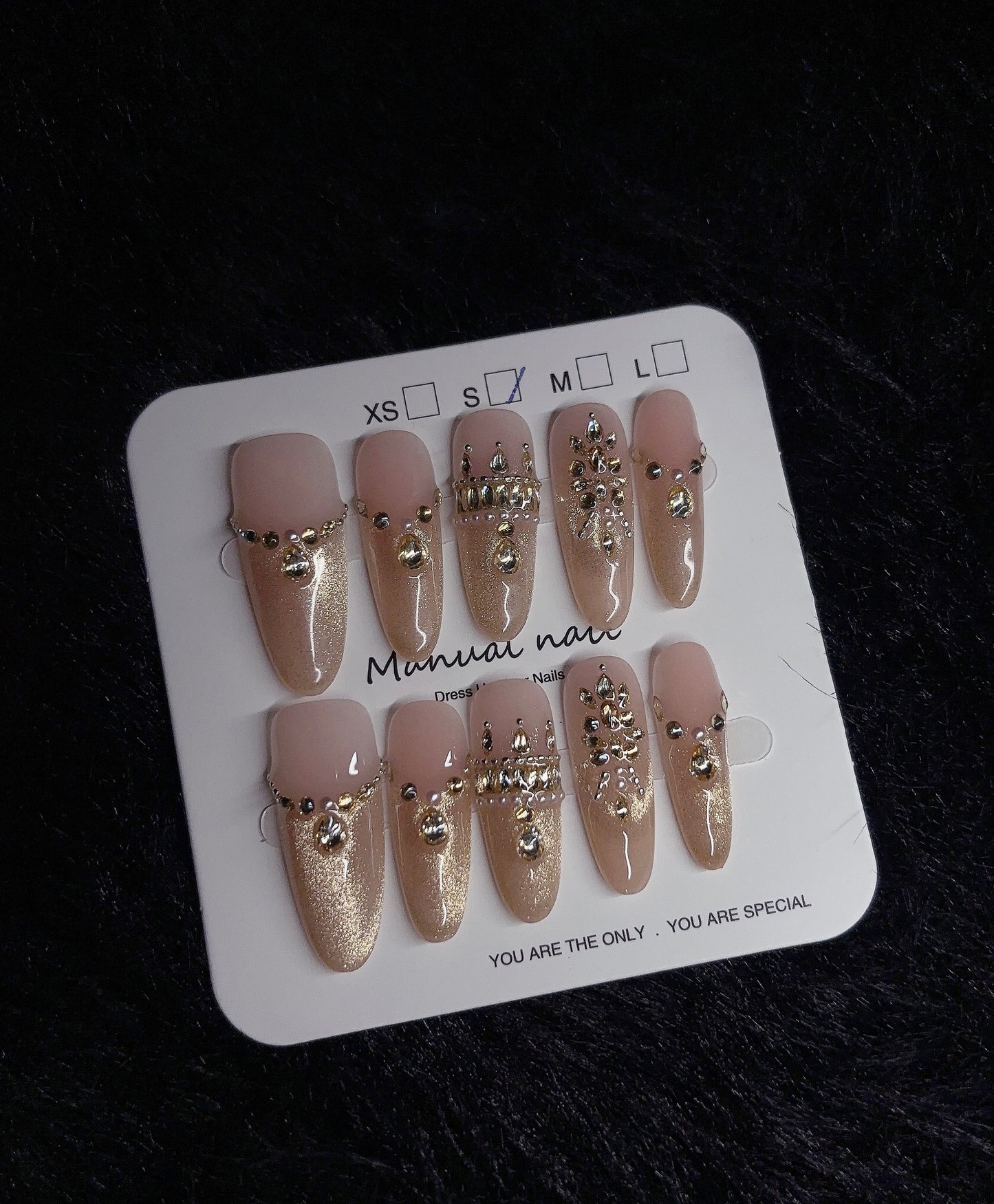 Luxury Champagne Gold Rhinestone Press-On Nails | Nude Glitter Long Oval Nails Tipora 132