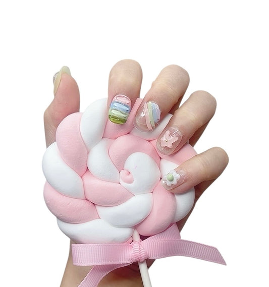 Rainbow-Inspired Short Round Press-On Nails with 3D Flower Design | Tipora 035