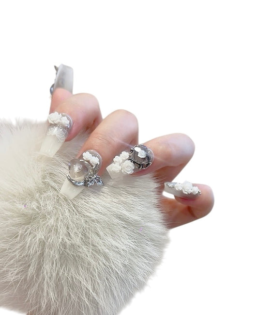 Gray Long Coffin Press-On Nails with 3D Metallic Butterfly Design | Tipora 048