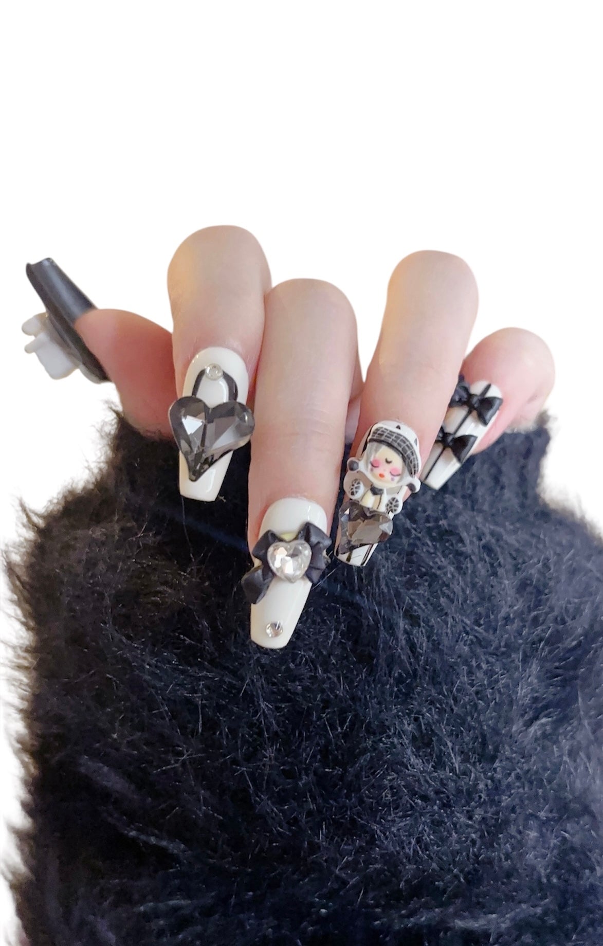 Black & White Long Coffin Press-On Nails with 3D Doll, Bowknot & Heart Rhinestones | Tipora 071