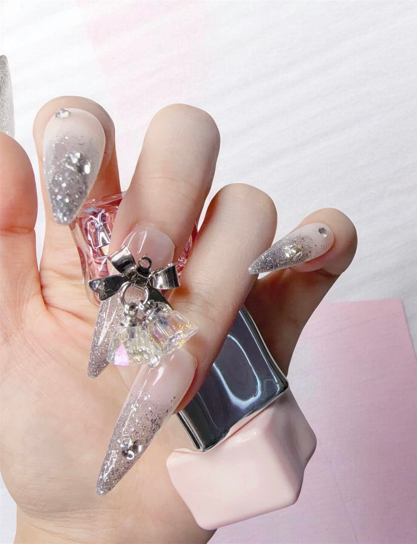 Silver Long Stiletto Press-On Nails with Bell Design | Tipora 022