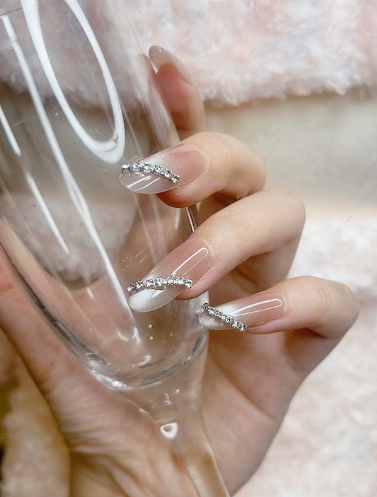 Press on Nails Oval Shape Pink Ombre with Rhinestones Design 0000