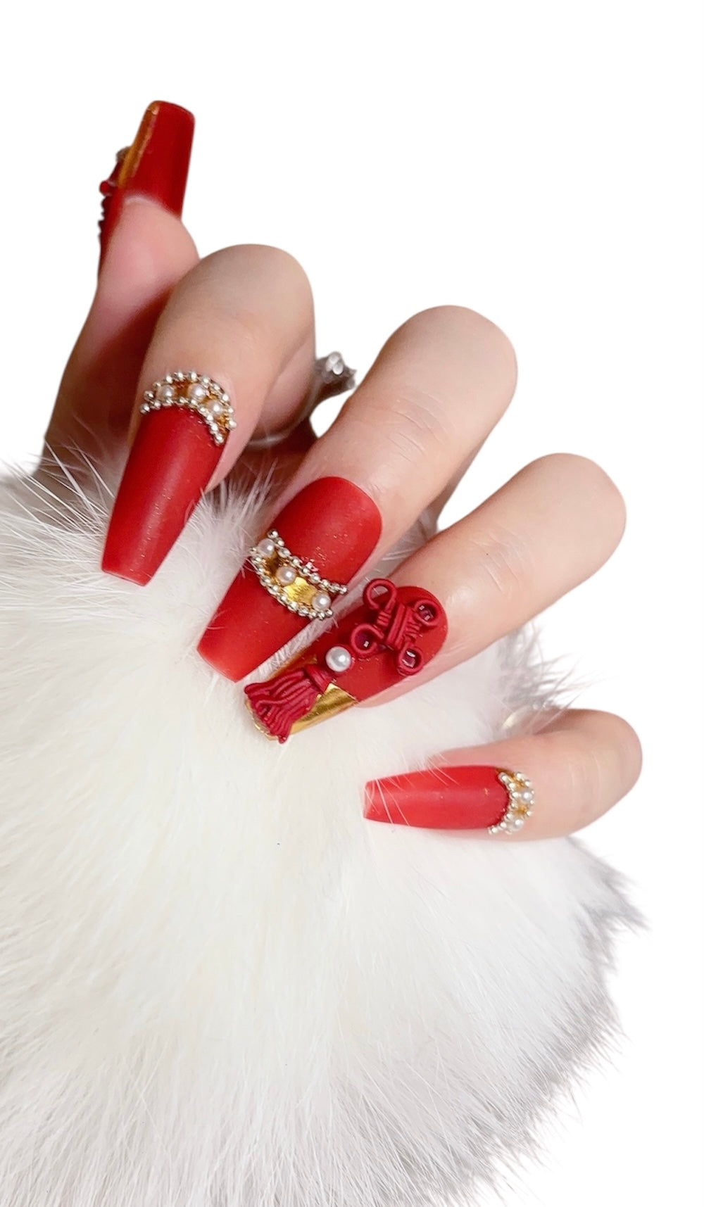 Red Long Coffin Press-On Nails with 3D Wedding Design | Tipora 070