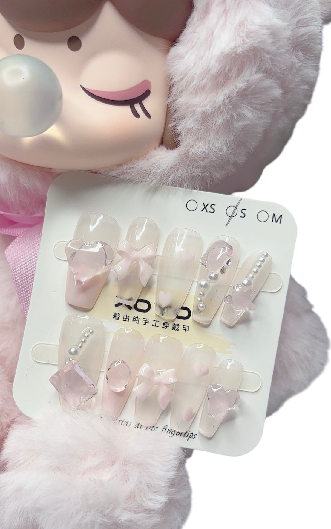 Pink Long Coffin Press-On Nails with 3D Bowknot, Heart, Pearl & Star – Limited Edition | Tipora 076