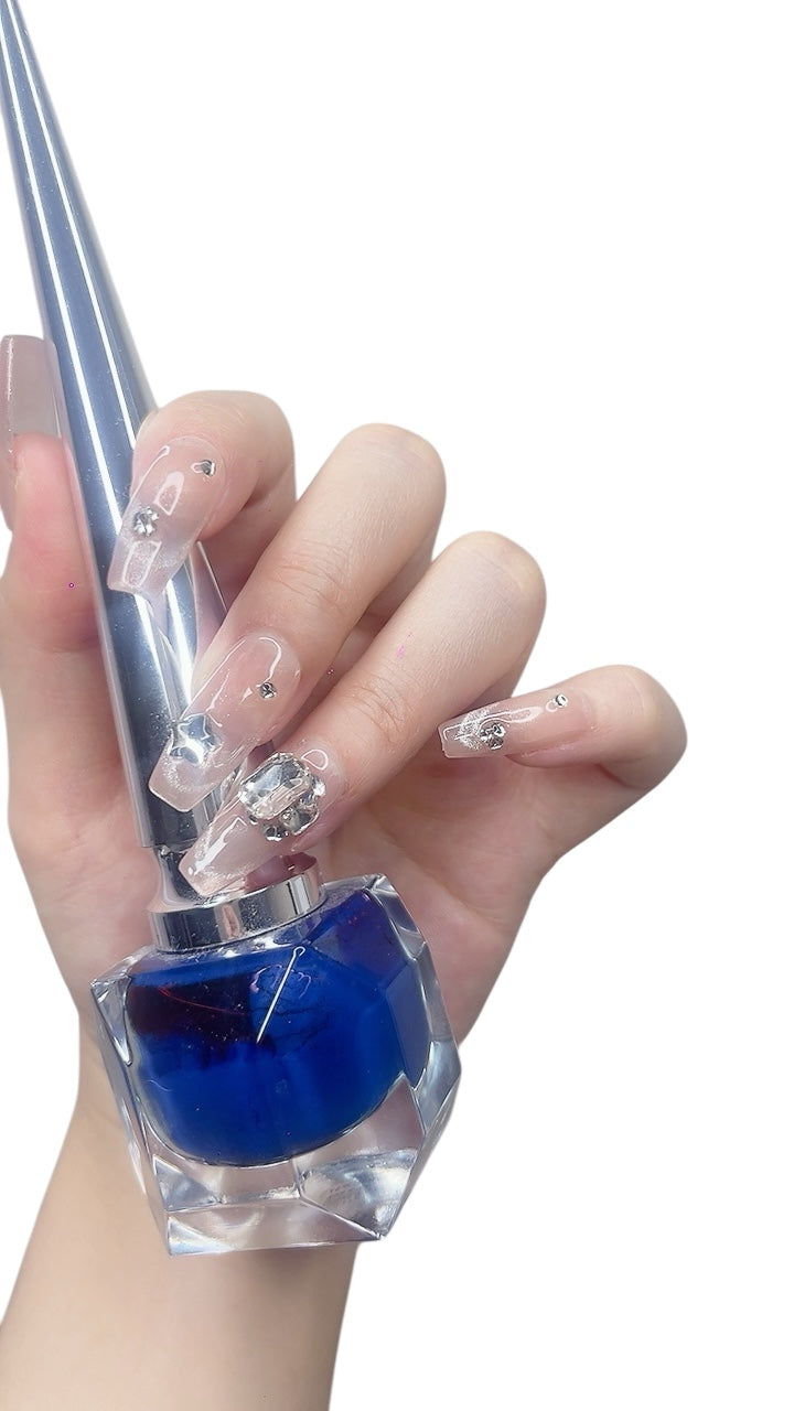 Pink Long Coffin Press-On Nails with Star-Shaped Rhinestone Design | Tipora 032