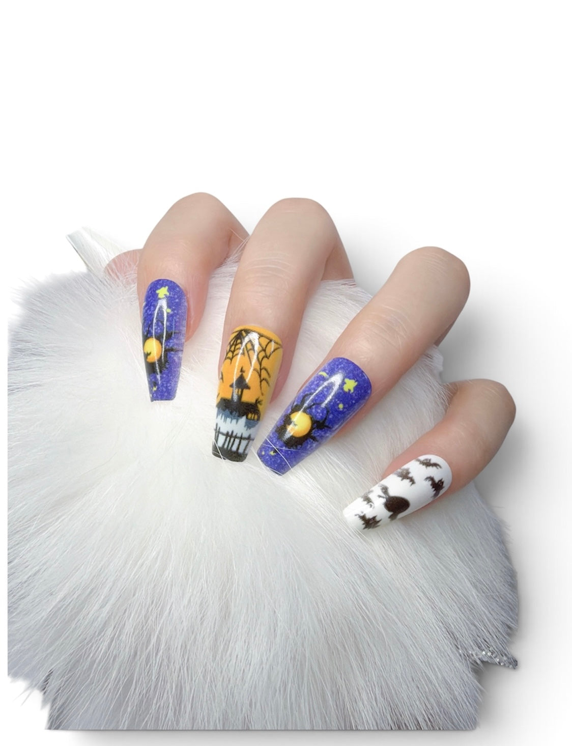 Halloween Press-On Nails 24 Pieces | Hand-Painted Spooky Graveyard, Haunted House & Bat Design | Glossy Reusable Coffin Nails | Tipora 136