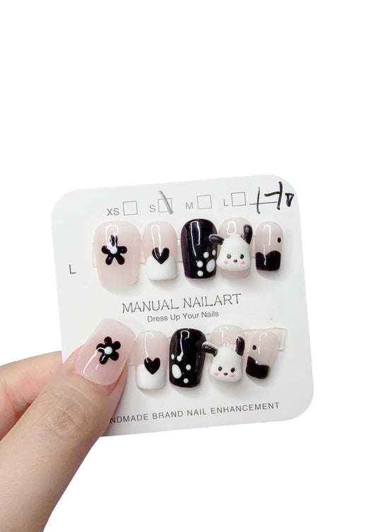 Black & White Short Square Press-On Nails with 3D Puppy Design | Tipora 036