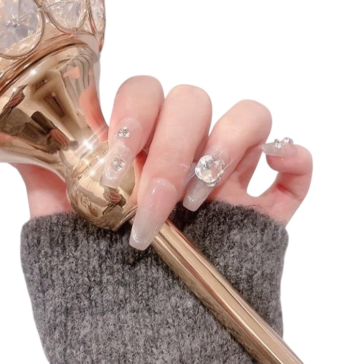 Pink Long Coffin Press-On Nails with Rhinestone Design | Tipora 044