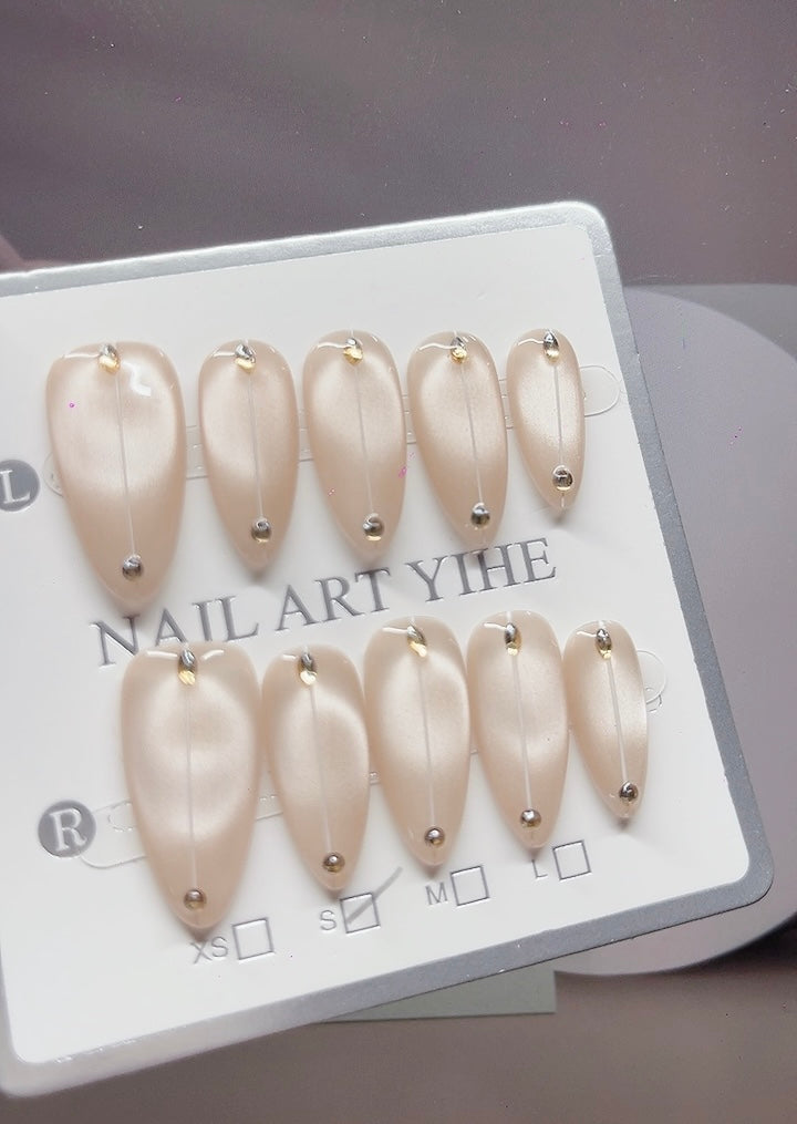 Press on Nails Almond Shape Medium Length Pink Color with Simple Line Design 130 Glam Nail