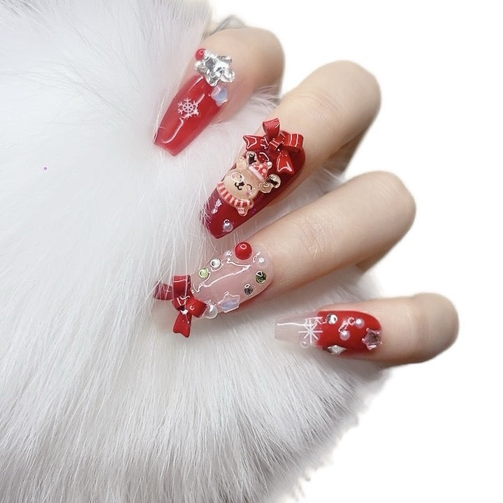 Red & Green Long Coffin Press-On Nails with 3D Christmas Design | Tipora 087