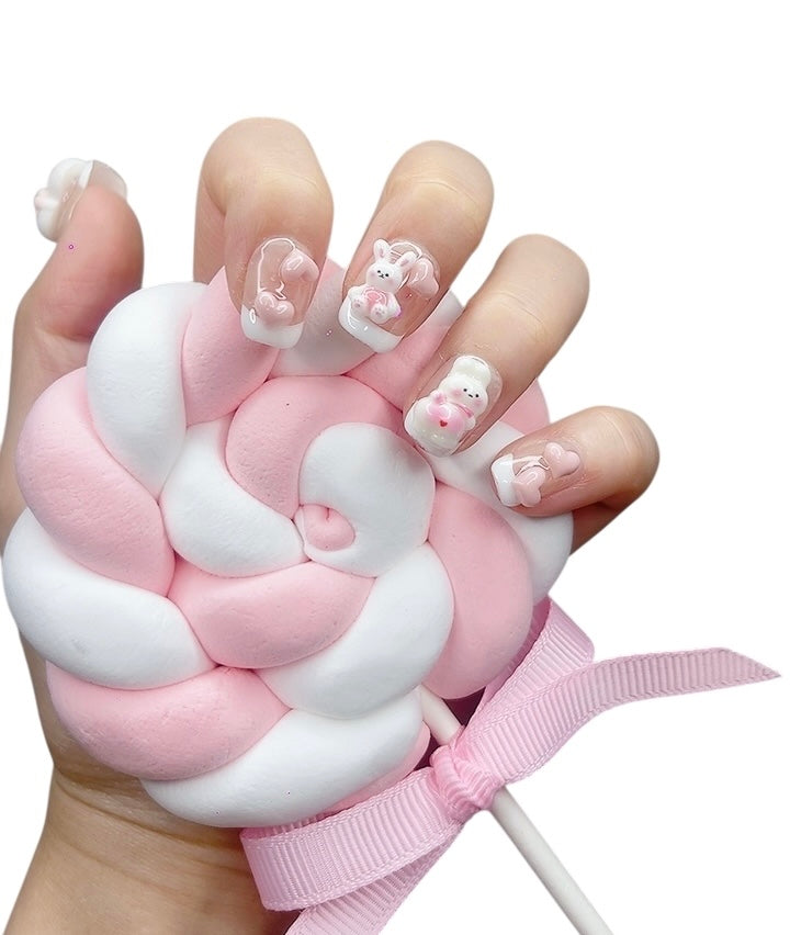 White & Pink Short Square Press-On Nails with 3D Bunny & French Tip | Tipora 073