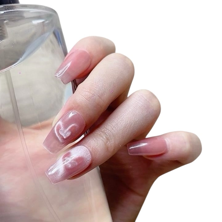 Pink Medium Coffin Press-On Nails with Heart Design – Tipora 038 Limited Edition