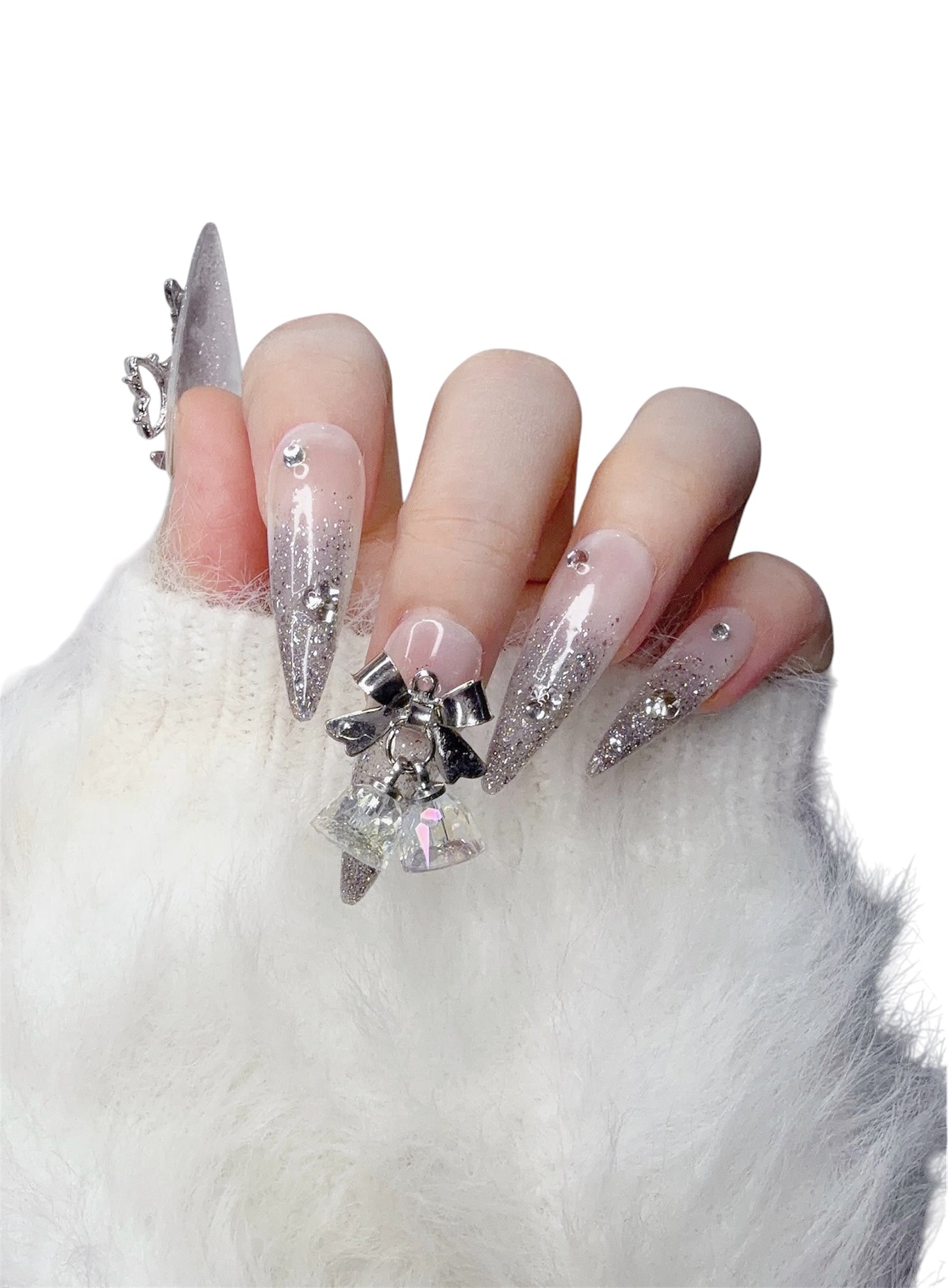 Silver Long Stiletto Press-On Nails with Bell Design | Tipora 022