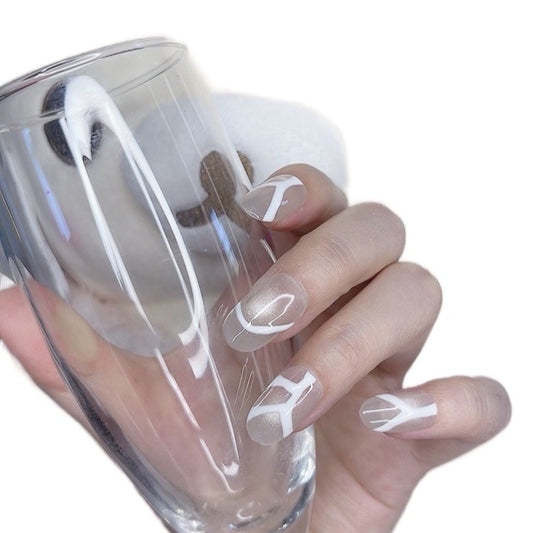 Press on Nails Medium Length Oval Shape with Whit Abstract Line Design 119
