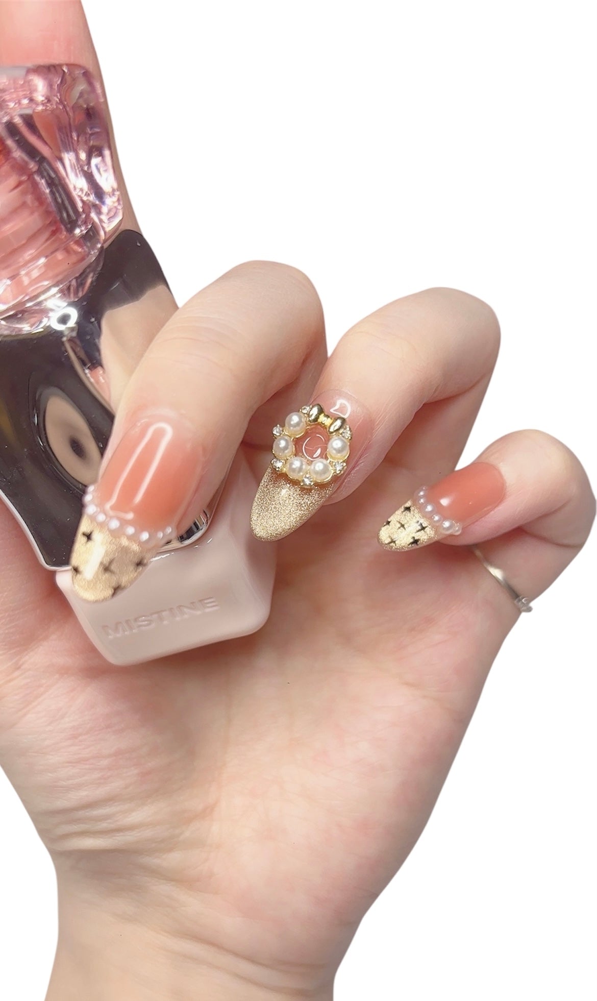 Artificial Acrylic Nails Long Oval with Mini Peal and Black Bowknot Design Tipora 113
