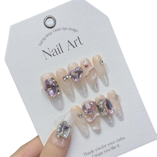 Pink Long Oval Press-On Nails with 3D Snake Design – Tipora 025