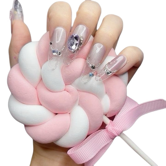 Purple Long Oval Press-On Nails with Purple Rhinestone Design – Tipora 063