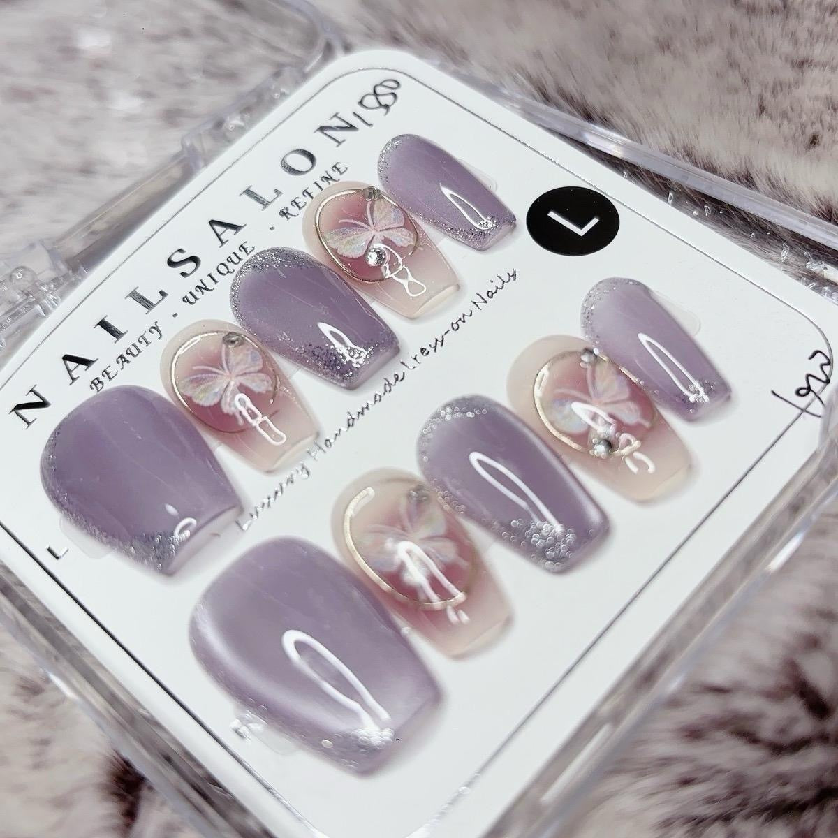 Purple Medium Coffin Press-On Nails with Butterfly Design | Tipora 021