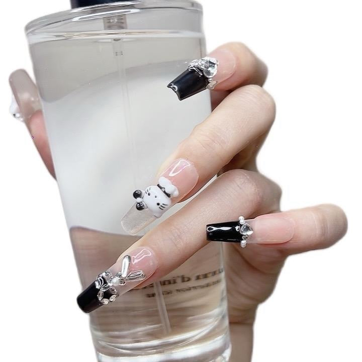 Press on Nails Long Nails Black and White Color with Cat Design 081