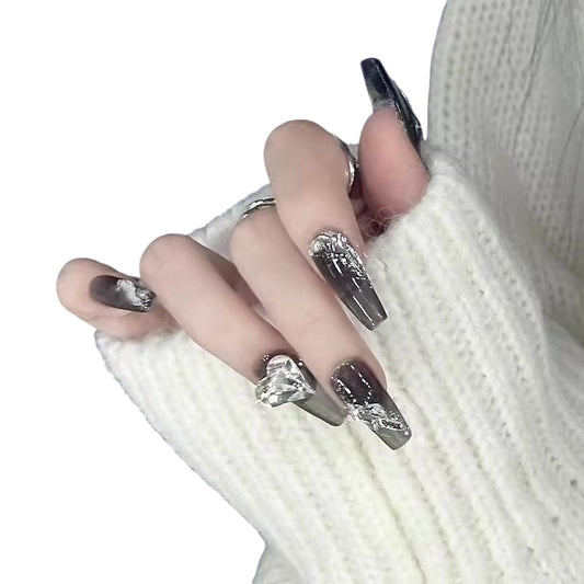 Black Long Coffin Press-On Nails with Heart-Shaped Rhinestone Design | Tipora 018