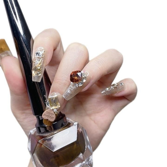 Long Coffin Press on Nails Brown Color With 3D Bear and Sparkle Design (078)
