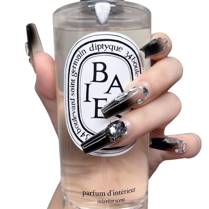Black Long Coffin Press-On Nails with Black Rhinestone Design | Tipora 061