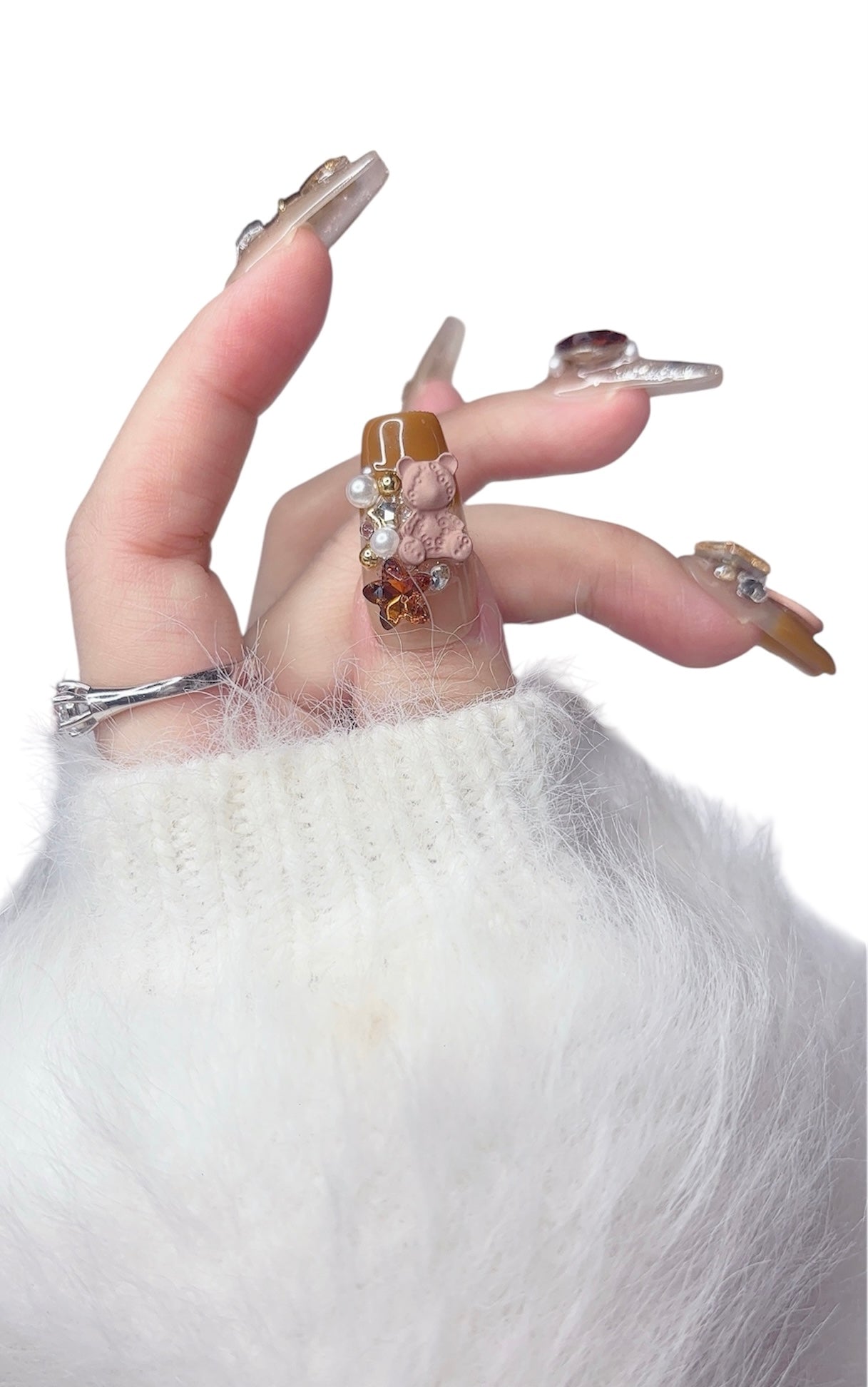 Brown Long Coffin Press-On Nails with 3D Bear and Sparkle Design | Tipora 078