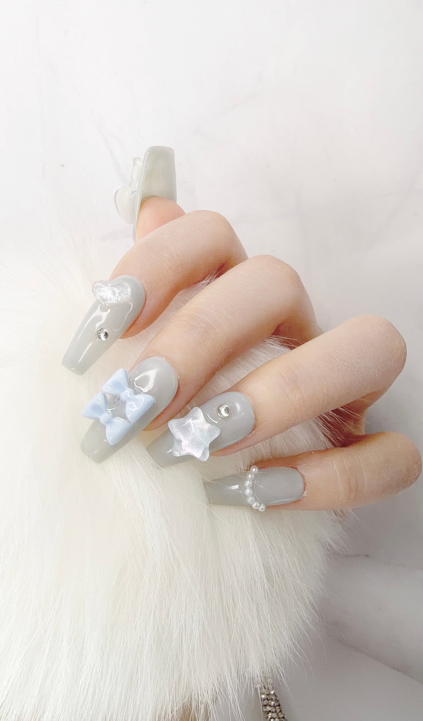 Blue Long Coffin Press-On Nails with 3D Bunny Design | Tipora 031