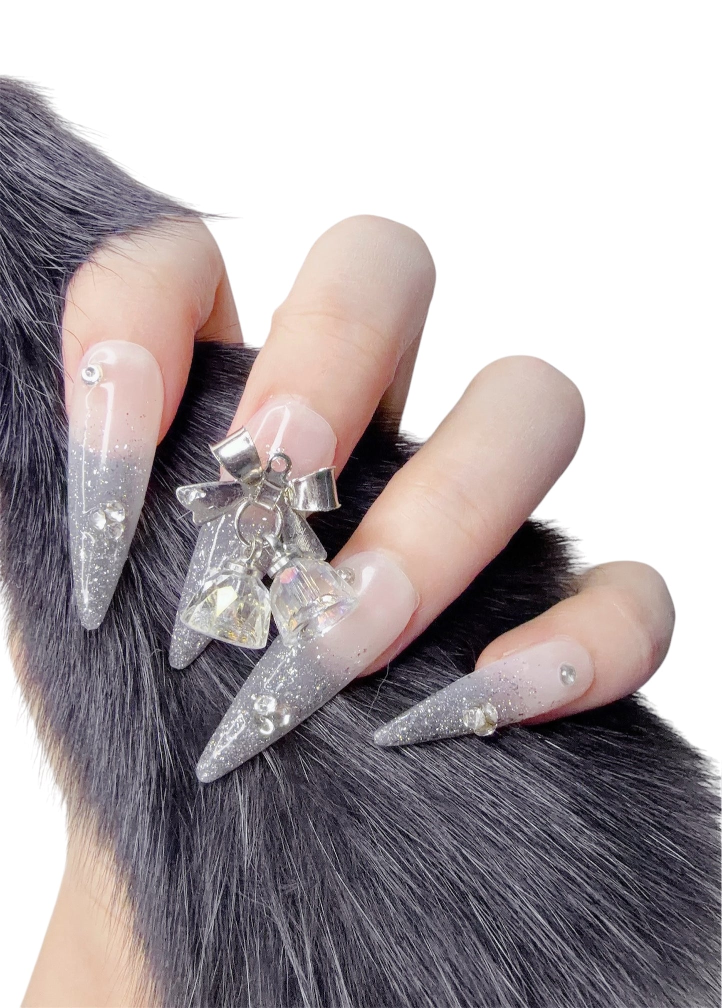 Silver Long Stiletto Press-On Nails with Bell Design | Tipora 022