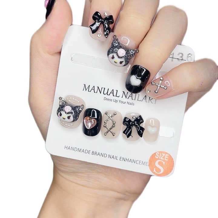 Press on Nails Short Round Black and White Color with 3D Cartoon Design 065