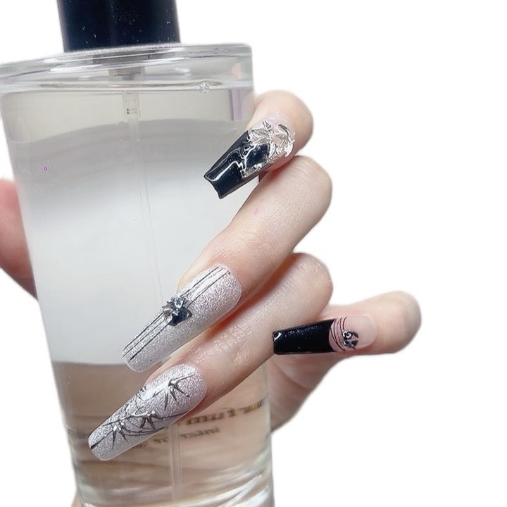 Black and Silver Long Coffin Press-On Nails with Bamboo Design – Tipora