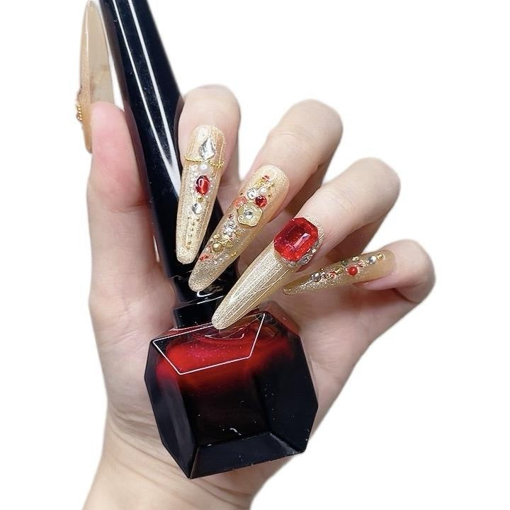Yellow and Red Long Oval Press-On Nails with Gold Palace Design – Tipora 084 